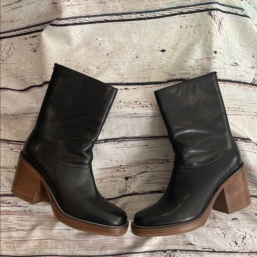 Free People Collection Black Faux Leather Heeled Booties 38.5/8.5